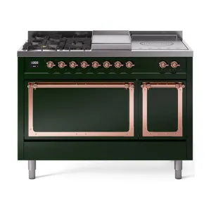 Ilve UN48FSQNMPEGPLP Ilve Un48Fsqnmpegplp Nostalgie Ii Noblesse 48" Dual Fuel Range (5 Sealed Burners   Griddle   French Top, Liquid Propane, Solid Door, Emerald Green, Copper)