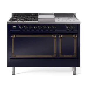 Ilve UN48FSQNMPMBB Ilve Un48Fsqnmpmbb Nostalgie Ii Noblesse 48" Dual Fuel Range (5 Sealed Burners   Griddle   French Top, Natural Gas, Solid Door, Midnight Blue, Burnished)