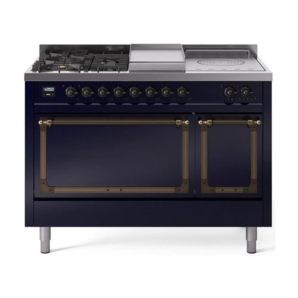 Ilve UN48FSQNMPMBBLP Ilve Un48Fsqnmpmbblp Nostalgie Ii Noblesse 48" Dual Fuel Range (5 Sealed Burners   Griddle   French Top, Liquid Propane, Solid Door, Midnight Blue, Burnished)