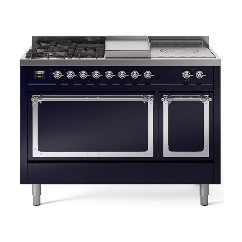 Ilve UN48FSQNMPMBC Ilve Un48Fsqnmpmbc Nostalgie Ii Noblesse 48" Dual Fuel Range (5 Sealed Burners   Griddle   French Top, Natural Gas, Solid Door, Midnight Blue, Chrome)