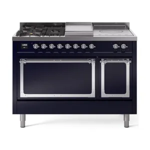 Ilve UN48FSQNMPMBC Ilve Un48Fsqnmpmbc Nostalgie Ii Noblesse 48" Dual Fuel Range (5 Sealed Burners   Griddle   French Top, Natural Gas, Solid Door, Midnight Blue, Chrome)
