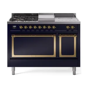 Ilve UN48FSQNMPMBG Ilve Un48Fsqnmpmbg Nostalgie Ii Noblesse 48" Dual Fuel Range (5 Sealed Burners   Griddle   French Top, Natural Gas, Solid Door, Midnight Blue, Brass)