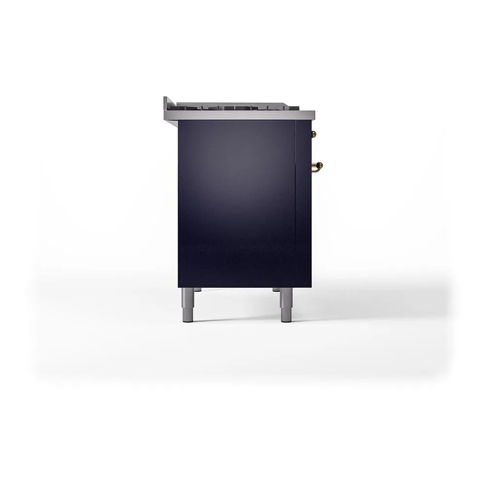 Ilve UN48FSQNMPMBG Ilve Un48Fsqnmpmbg Nostalgie Ii Noblesse 48" Dual Fuel Range (5 Sealed Burners   Griddle   French Top, Natural Gas, Solid Door, Midnight Blue, Brass)