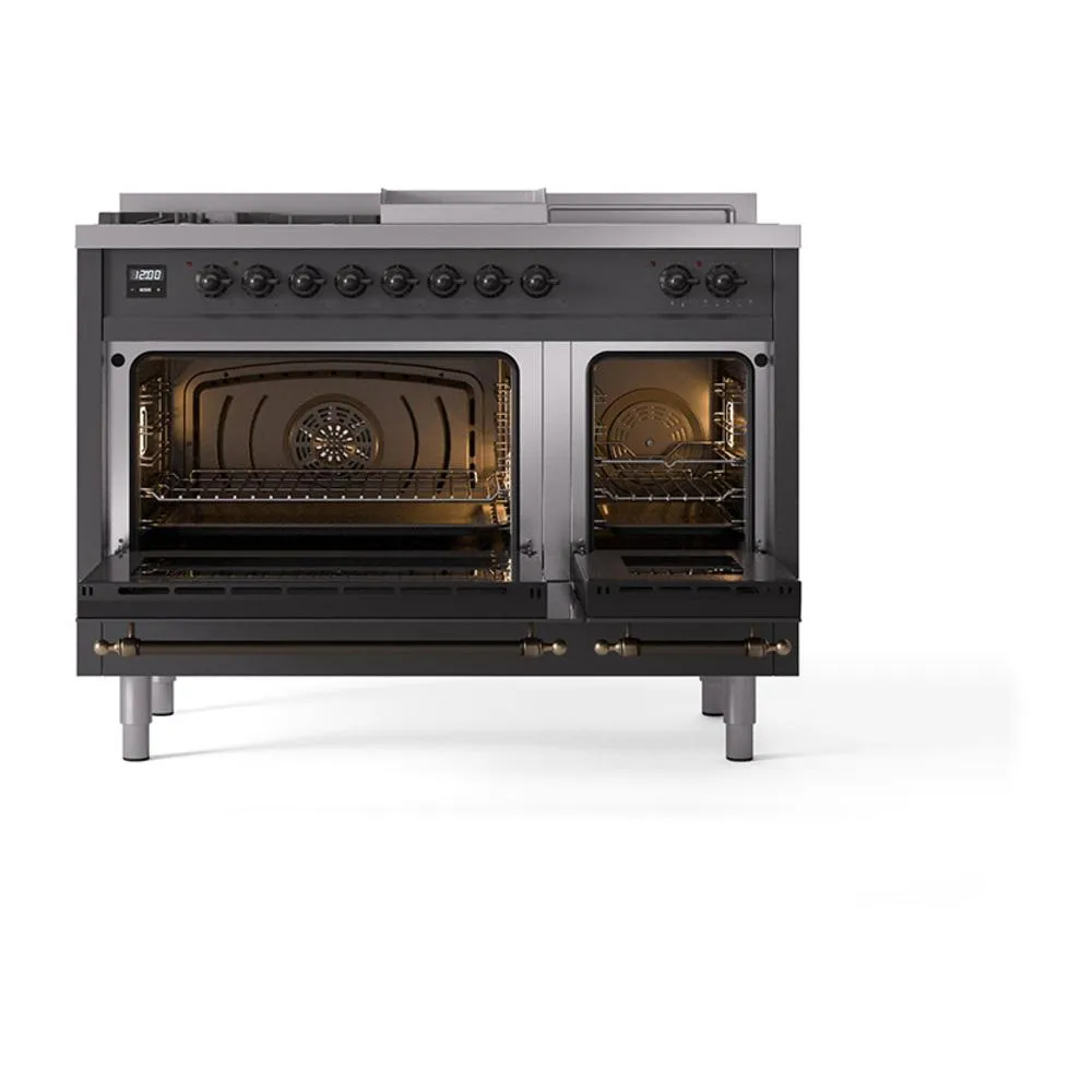 Ilve UN48FSQNMPMGB Ilve Un48Fsqnmpmgb Nostalgie Ii Noblesse 48" Dual Fuel Range (5 Sealed Burners   Griddle   French Top, Natural Gas, Solid Door, Graphite Matte, Burnished)