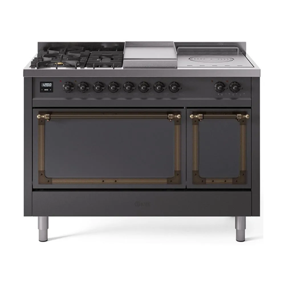 Ilve UN48FSQNMPMGB Ilve Un48Fsqnmpmgb Nostalgie Ii Noblesse 48" Dual Fuel Range (5 Sealed Burners   Griddle   French Top, Natural Gas, Solid Door, Graphite Matte, Burnished)