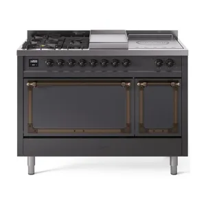Ilve UN48FSQNMPMGB Ilve Un48Fsqnmpmgb Nostalgie Ii Noblesse 48" Dual Fuel Range (5 Sealed Burners   Griddle   French Top, Natural Gas, Solid Door, Graphite Matte, Burnished)