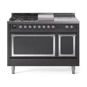 Ilve UN48FSQNMPMGC Ilve Un48Fsqnmpmgc Nostalgie Ii Noblesse 48" Dual Fuel Range (5 Sealed Burners   Griddle   French Top, Natural Gas, Solid Door, Graphite Matte, Chrome)