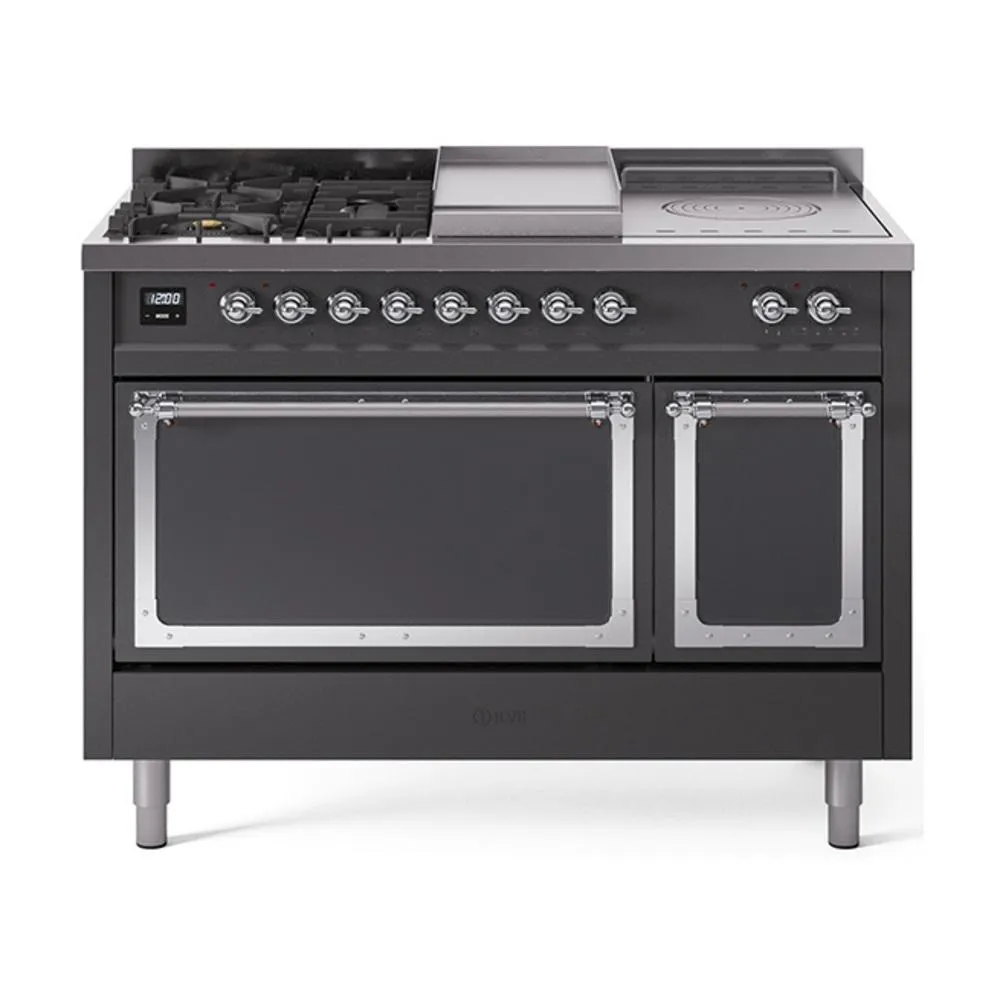 Ilve UN48FSQNMPMGCLP Ilve Un48Fsqnmpmgclp Nostalgie Ii Noblesse 48" Dual Fuel Range (5 Sealed Burners   Griddle   French Top, Liquid Propane, Solid Door, Graphite Matte, Chrome)