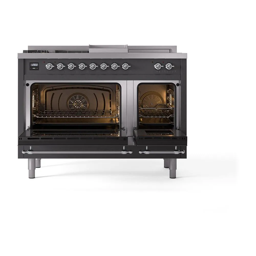 Ilve UN48FSQNMPMGCLP Ilve Un48Fsqnmpmgclp Nostalgie Ii Noblesse 48" Dual Fuel Range (5 Sealed Burners   Griddle   French Top, Liquid Propane, Solid Door, Graphite Matte, Chrome)