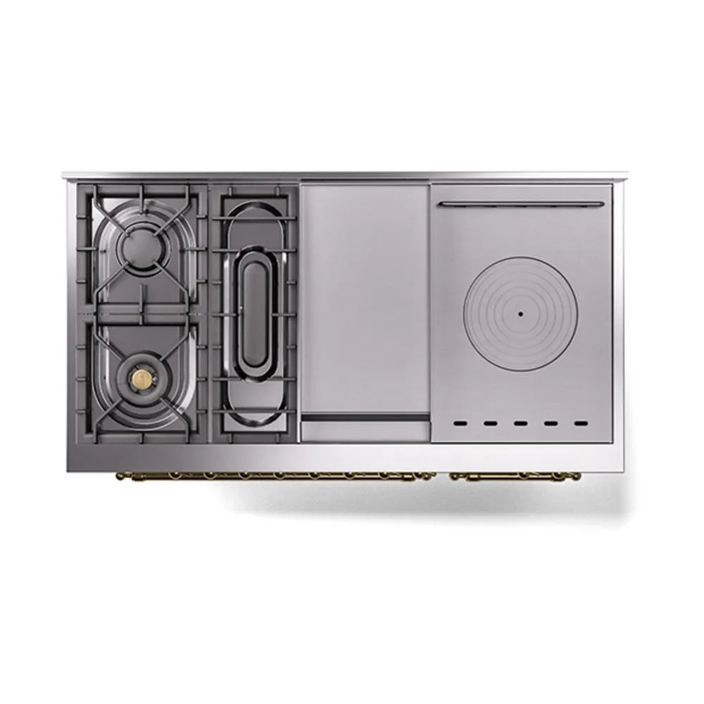 Ilve UN48FSQNMPRAGLP Ilve Un48Fsqnmpraglp Nostalgie Ii Noblesse 48" Dual Fuel Range (5 Sealed Burners   Griddle   French Top, Liquid Propane, Solid Door, Ral, Brass)