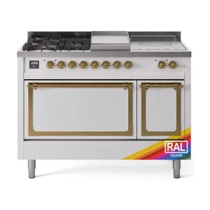 Ilve UN48FSQNMPRAGLP Ilve Un48Fsqnmpraglp Nostalgie Ii Noblesse 48" Dual Fuel Range (5 Sealed Burners   Griddle   French Top, Liquid Propane, Solid Door, Ral, Brass)