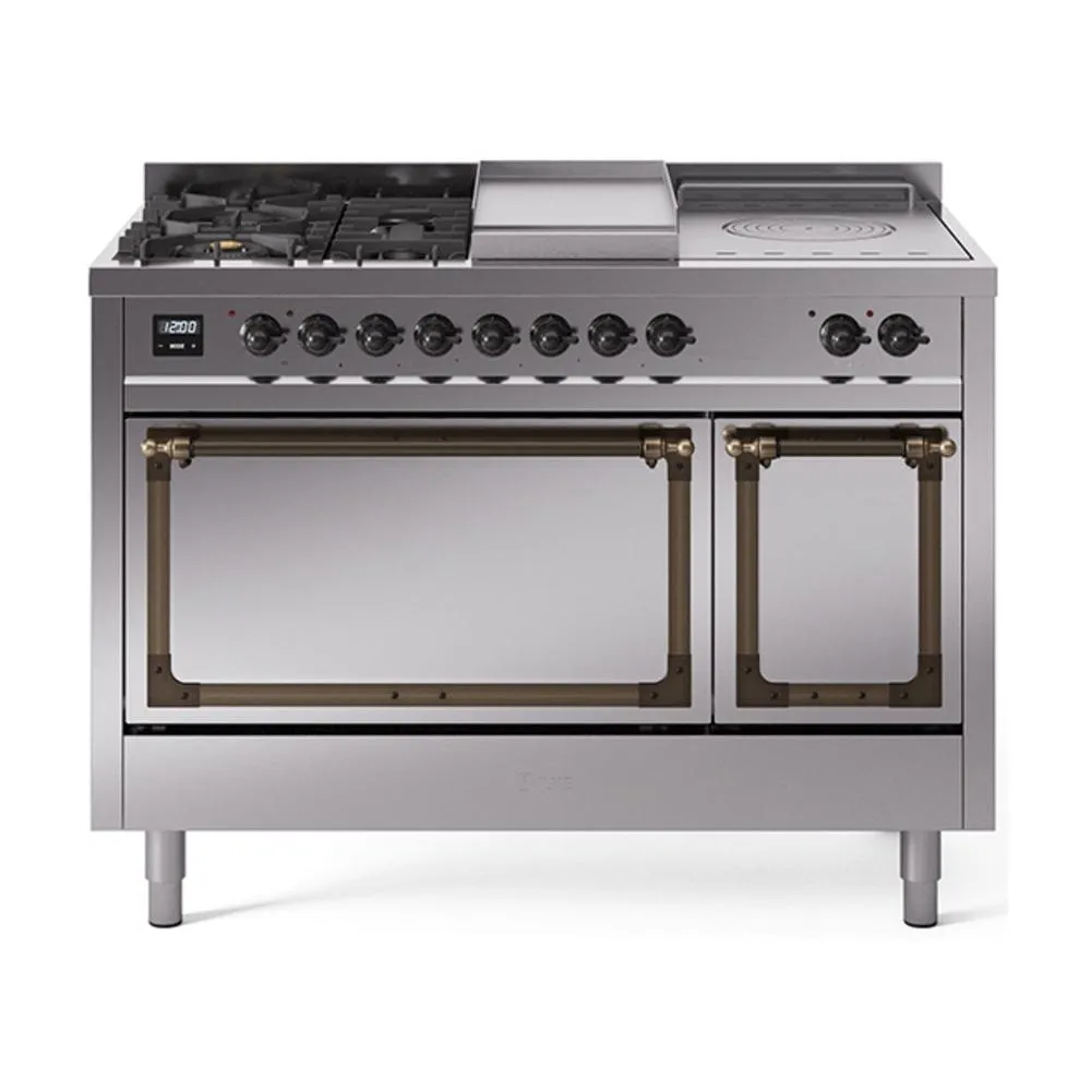 Ilve UN48FSQNMPSSB Ilve Un48Fsqnmpssb Nostalgie Ii Noblesse 48" Dual Fuel Range (5 Sealed Burners   Griddle   French Top, Natural Gas, Solid Door, Stainless Steel, Burnished)