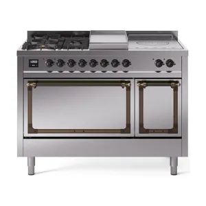 Ilve UN48FSQNMPSSB Ilve Un48Fsqnmpssb Nostalgie Ii Noblesse 48" Dual Fuel Range (5 Sealed Burners   Griddle   French Top, Natural Gas, Solid Door, Stainless Steel, Burnished)