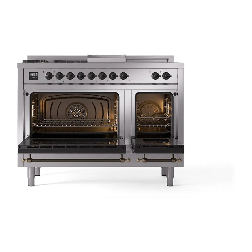 Ilve UN48FSQNMPSSB Ilve Un48Fsqnmpssb Nostalgie Ii Noblesse 48" Dual Fuel Range (5 Sealed Burners   Griddle   French Top, Natural Gas, Solid Door, Stainless Steel, Burnished)