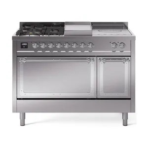 Ilve UN48FSQNMPSSCLP Ilve Un48Fsqnmpssclp Nostalgie Ii Noblesse 48" Dual Fuel Range (5 Sealed Burners   Griddle   French Top, Liquid Propane, Solid Door, Stainless Steel, Chrome)