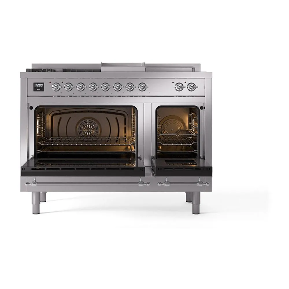Ilve UN48FSQNMPSSCLP Ilve Un48Fsqnmpssclp Nostalgie Ii Noblesse 48" Dual Fuel Range (5 Sealed Burners   Griddle   French Top, Liquid Propane, Solid Door, Stainless Steel, Chrome)