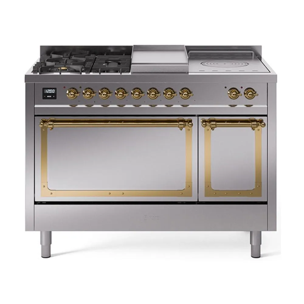 Ilve UN48FSQNMPSSGLP Ilve Un48Fsqnmpssglp Nostalgie Ii Noblesse 48" Dual Fuel Range (5 Sealed Burners   Griddle   French Top, Liquid Propane, Solid Door, Stainless Steel, Brass)
