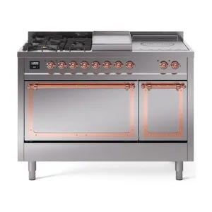 Ilve UN48FSQNMPSSPLP Ilve Un48Fsqnmpssplp Nostalgie Ii Noblesse 48" Dual Fuel Range (5 Sealed Burners   Griddle   French Top, Liquid Propane, Solid Door, Stainless Steel, Copper)