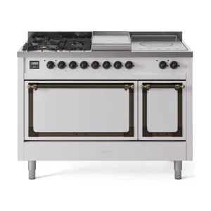 Ilve UN48FSQNMPWHB Ilve Un48Fsqnmpwhb Nostalgie Ii Noblesse 48" Dual Fuel Range (5 Sealed Burners   Griddle   French Top, Natural Gas, Solid Door, White, Burnished)