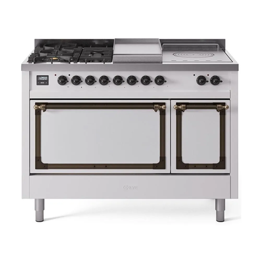 Ilve UN48FSQNMPWHB Ilve Un48Fsqnmpwhb Nostalgie Ii Noblesse 48" Dual Fuel Range (5 Sealed Burners   Griddle   French Top, Natural Gas, Solid Door, White, Burnished)