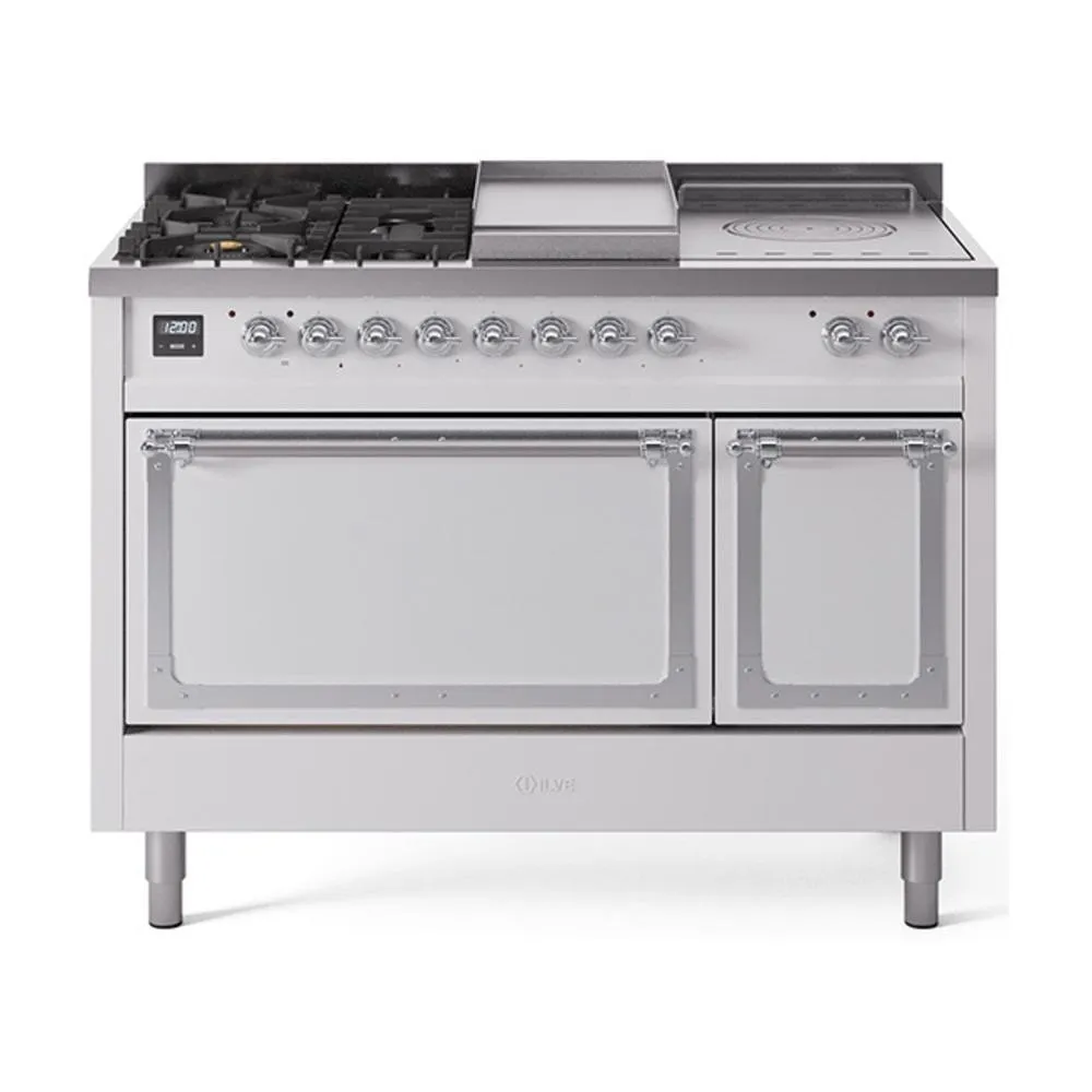 Ilve UN48FSQNMPWHC Ilve Un48Fsqnmpwhc Nostalgie Ii Noblesse 48" Dual Fuel Range (5 Sealed Burners   Griddle   French Top, Natural Gas, Solid Door, White, Chrome)