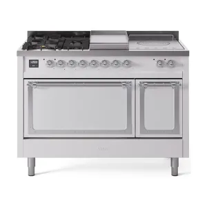 Ilve UN48FSQNMPWHC Ilve Un48Fsqnmpwhc Nostalgie Ii Noblesse 48" Dual Fuel Range (5 Sealed Burners   Griddle   French Top, Natural Gas, Solid Door, White, Chrome)
