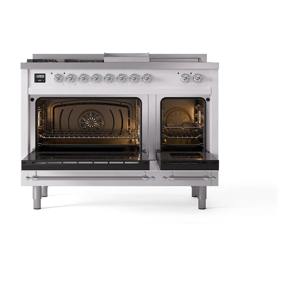Ilve UN48FSQNMPWHC Ilve Un48Fsqnmpwhc Nostalgie Ii Noblesse 48" Dual Fuel Range (5 Sealed Burners   Griddle   French Top, Natural Gas, Solid Door, White, Chrome)