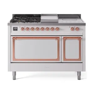 Ilve UN48FSQNMPWHP Ilve Un48Fsqnmpwhp Nostalgie Ii Noblesse 48" Dual Fuel Range (5 Sealed Burners   Griddle   French Top, Natural Gas, Solid Door, White, Copper)