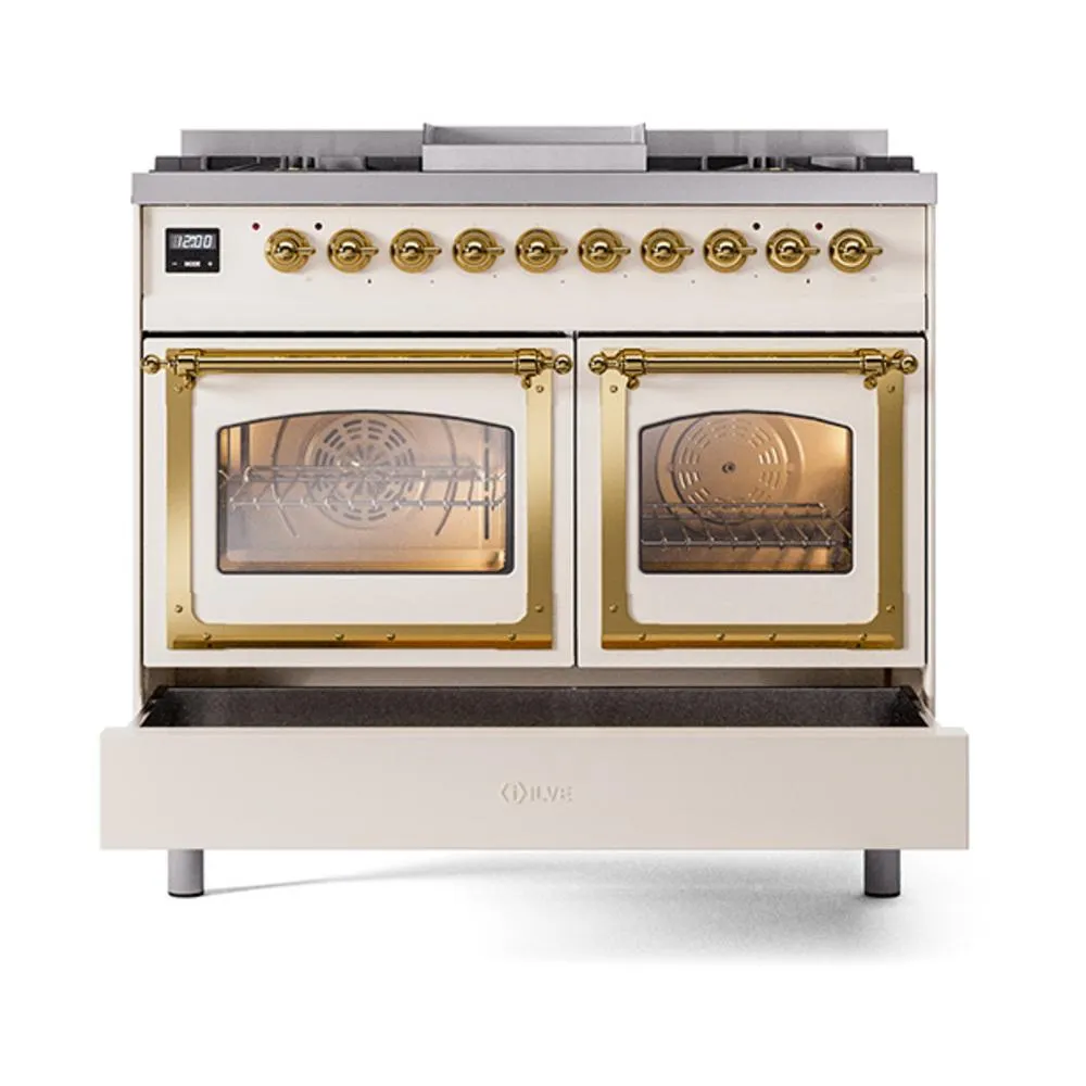 Ilve UND40FNMPAWG Ilve Und40Fnmpawg Nostalgie Ii Noblesse 40" Dual Fuel Range (Natural Gas, Triple Glass Door, Antique White, Brass)