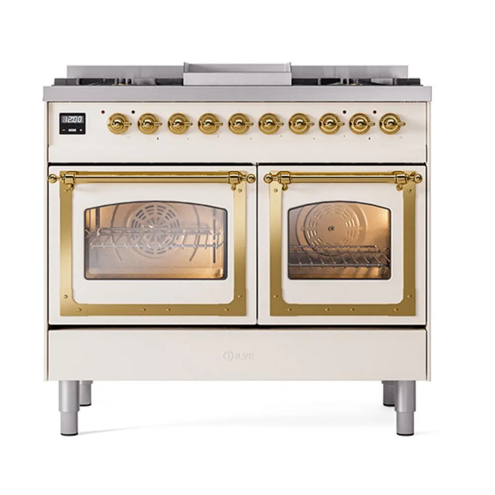 Ilve UND40FNMPAWG Ilve Und40Fnmpawg Nostalgie Ii Noblesse 40" Dual Fuel Range (Natural Gas, Triple Glass Door, Antique White, Brass)