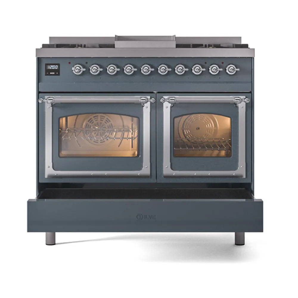 Ilve UND40FNMPBGC Ilve Und40Fnmpbgc Nostalgie Ii Noblesse 40" Dual Fuel Range (Natural Gas, Triple Glass Door, Blue Grey, Chrome)