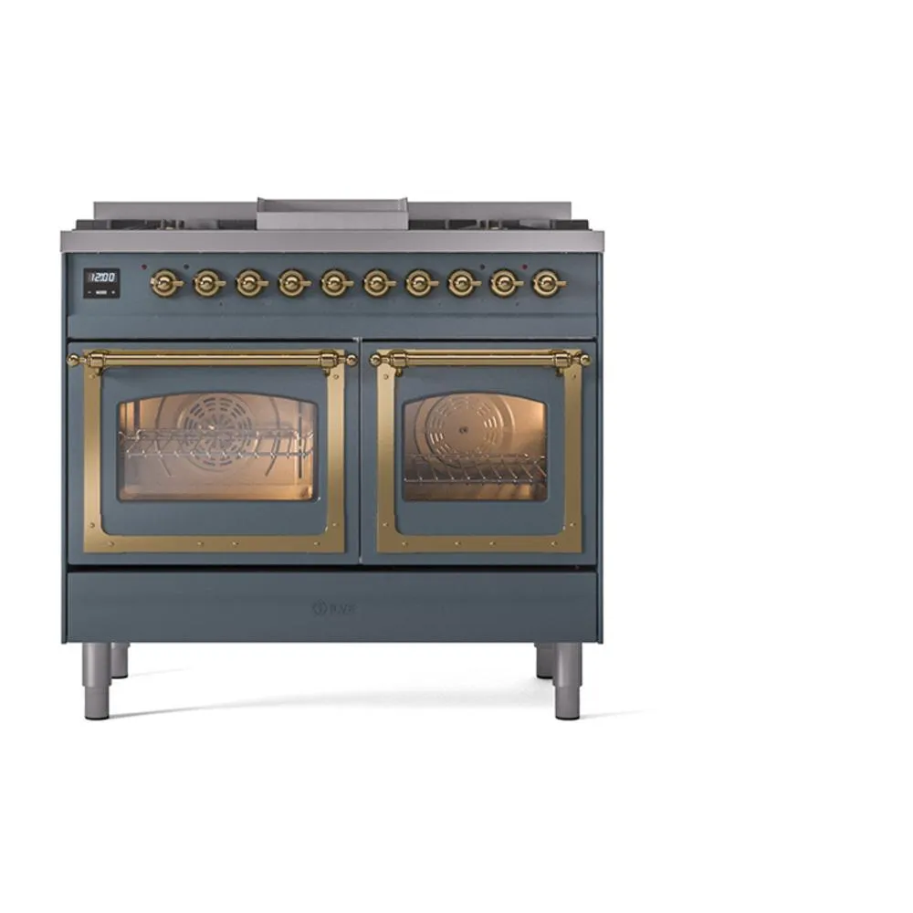 Ilve UND40FNMPBGG Ilve Und40Fnmpbgg Nostalgie Ii Noblesse 40" Dual Fuel Range (Natural Gas, Triple Glass Door, Blue Grey, Brass)
