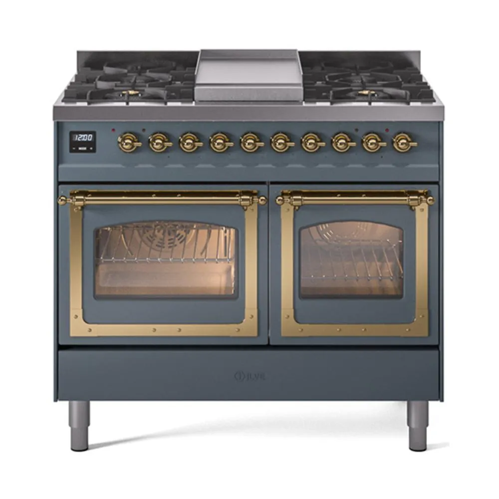Ilve UND40FNMPBGG Ilve Und40Fnmpbgg Nostalgie Ii Noblesse 40" Dual Fuel Range (Natural Gas, Triple Glass Door, Blue Grey, Brass)
