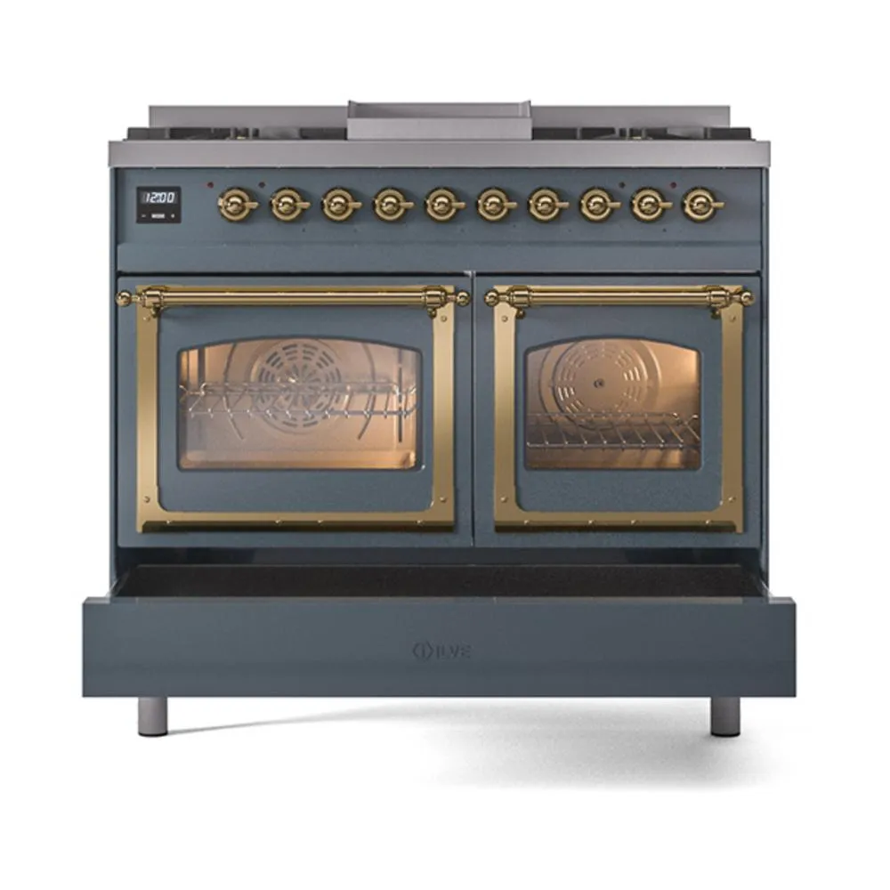 Ilve UND40FNMPBGG Ilve Und40Fnmpbgg Nostalgie Ii Noblesse 40" Dual Fuel Range (Natural Gas, Triple Glass Door, Blue Grey, Brass)