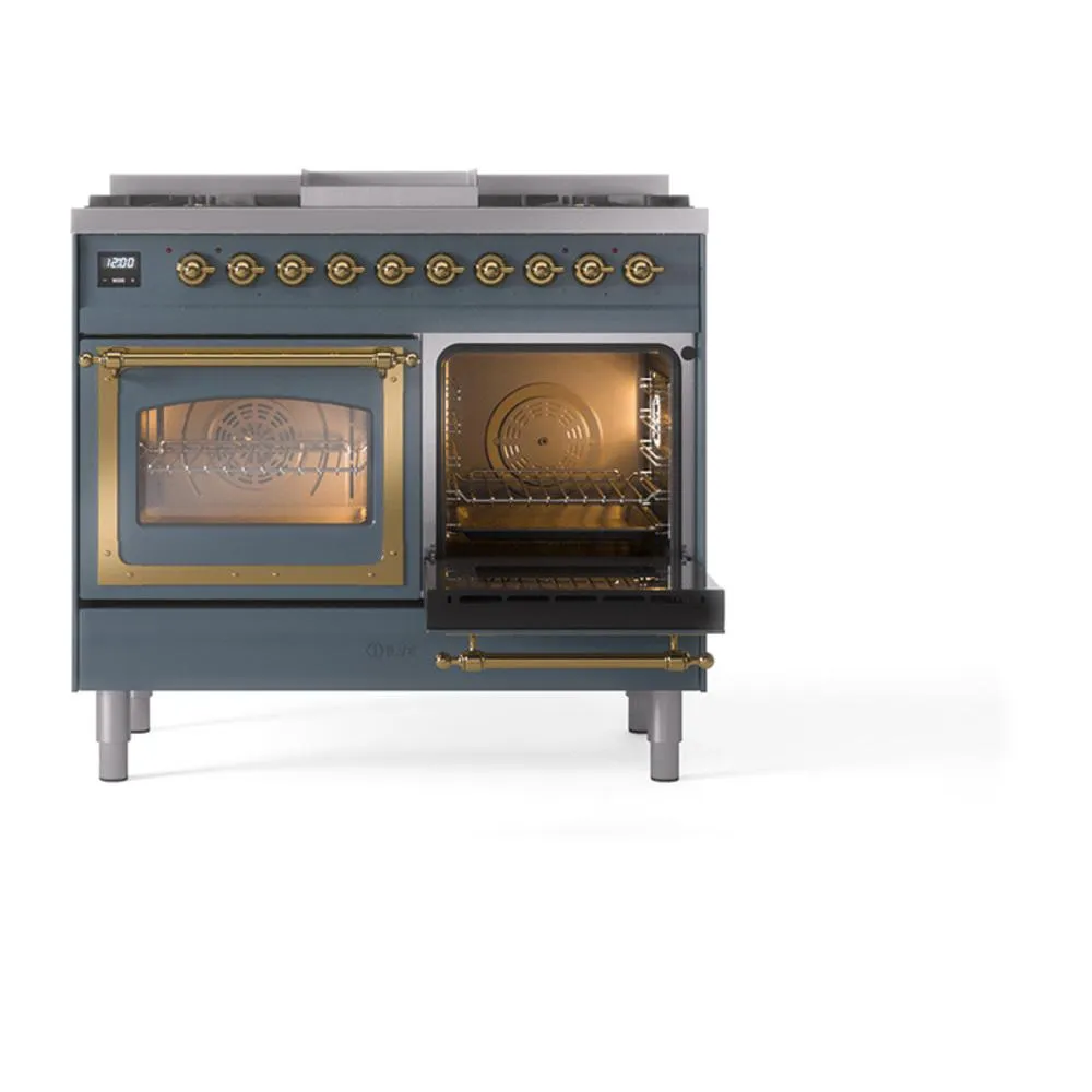 Ilve UND40FNMPBGG Ilve Und40Fnmpbgg Nostalgie Ii Noblesse 40" Dual Fuel Range (Natural Gas, Triple Glass Door, Blue Grey, Brass)