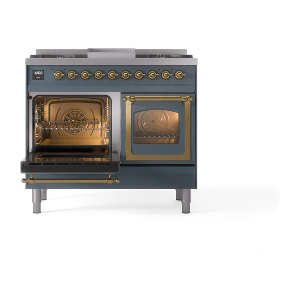 Ilve UND40FNMPBGG Ilve Und40Fnmpbgg Nostalgie Ii Noblesse 40" Dual Fuel Range (Natural Gas, Triple Glass Door, Blue Grey, Brass)