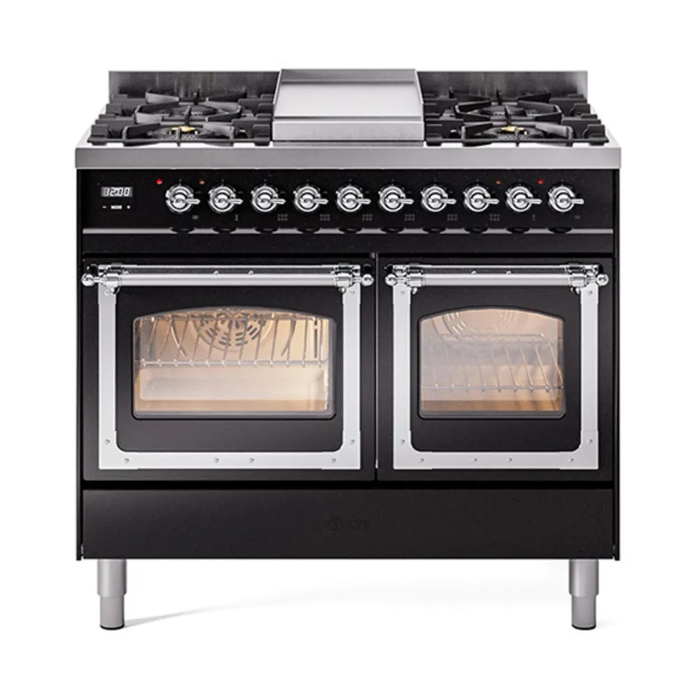 Ilve UND40FNMPBKC Ilve Und40Fnmpbkc Nostalgie Ii Noblesse 40" Dual Fuel Range (Natural Gas, Triple Glass Door, Glossy Black, Chrome)