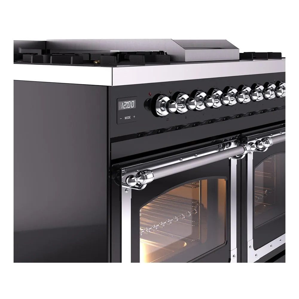 Ilve UND40FNMPBKC Ilve Und40Fnmpbkc Nostalgie Ii Noblesse 40" Dual Fuel Range (Natural Gas, Triple Glass Door, Glossy Black, Chrome)