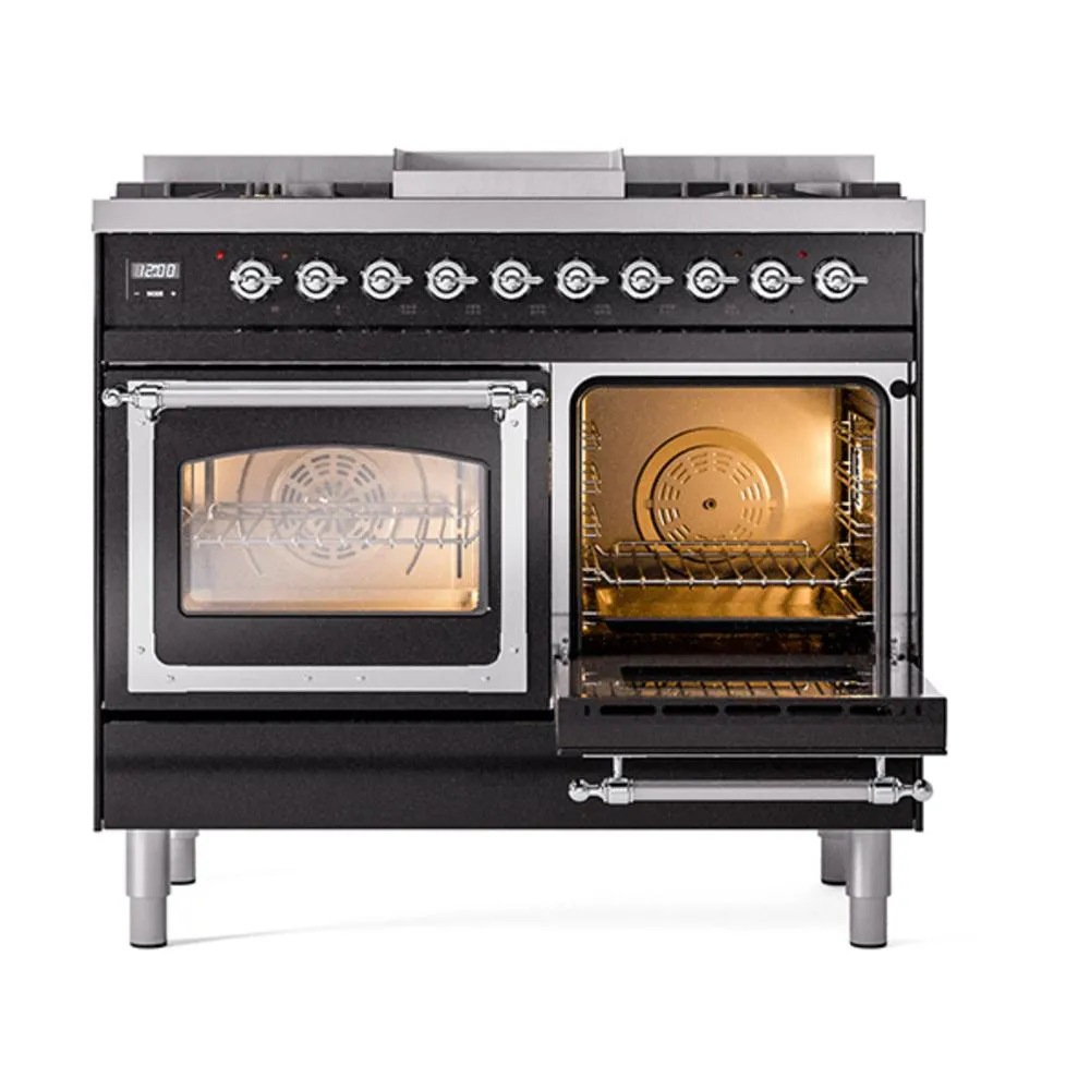 Ilve UND40FNMPBKC Ilve Und40Fnmpbkc Nostalgie Ii Noblesse 40" Dual Fuel Range (Natural Gas, Triple Glass Door, Glossy Black, Chrome)