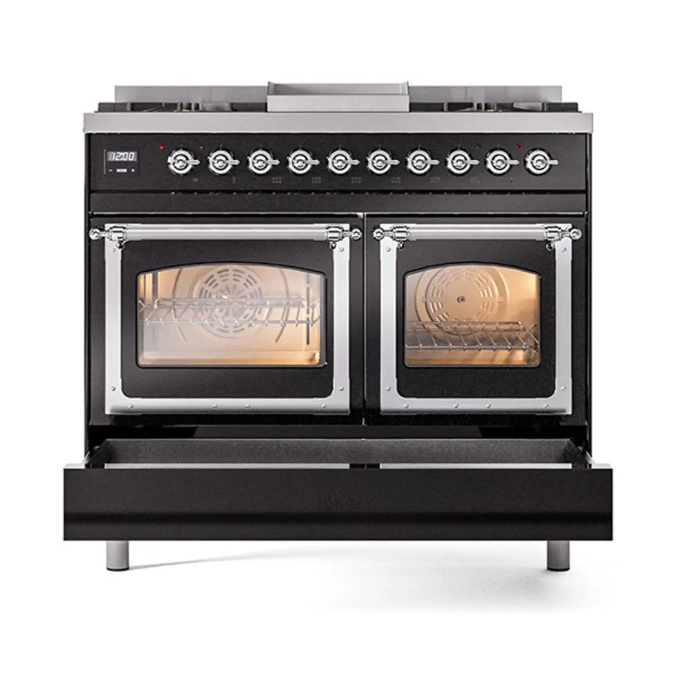 Ilve UND40FNMPBKC Ilve Und40Fnmpbkc Nostalgie Ii Noblesse 40" Dual Fuel Range (Natural Gas, Triple Glass Door, Glossy Black, Chrome)