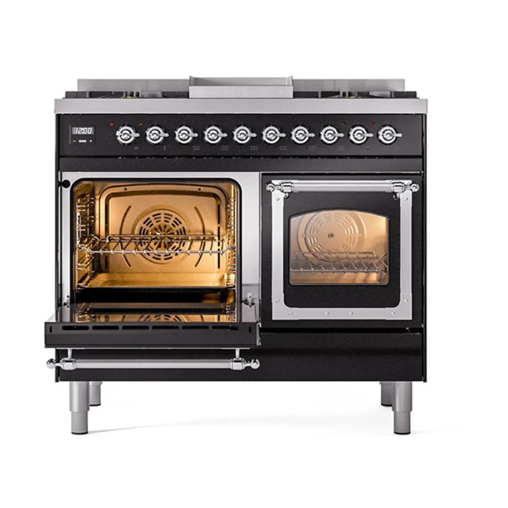 Ilve UND40FNMPBKC Ilve Und40Fnmpbkc Nostalgie Ii Noblesse 40" Dual Fuel Range (Natural Gas, Triple Glass Door, Glossy Black, Chrome)