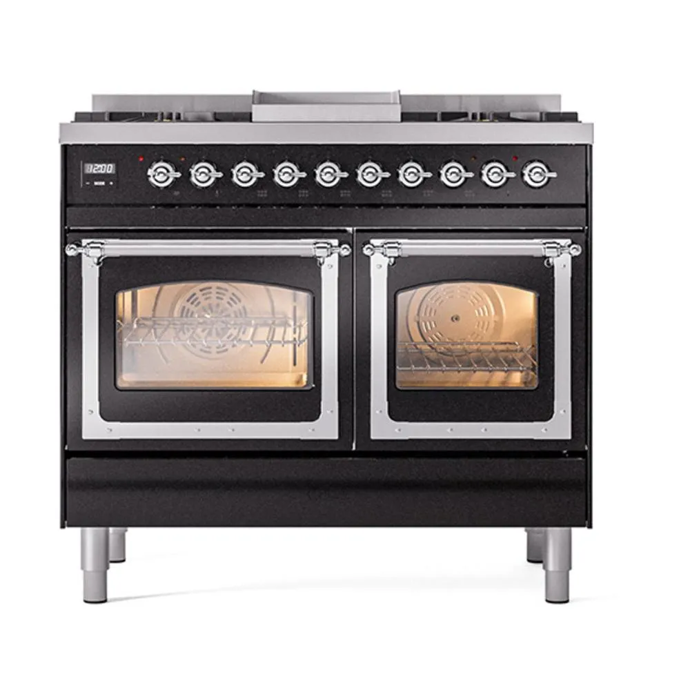 Ilve UND40FNMPBKC Ilve Und40Fnmpbkc Nostalgie Ii Noblesse 40" Dual Fuel Range (Natural Gas, Triple Glass Door, Glossy Black, Chrome)