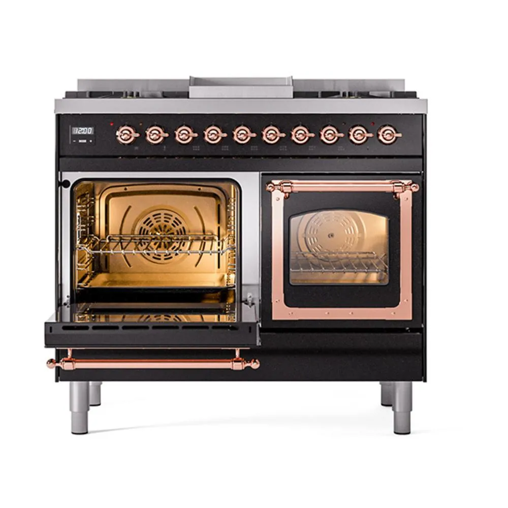 Ilve UND40FNMPBKPLP Ilve Und40Fnmpbkplp Nostalgie Ii Noblesse 40" Dual Fuel Range (Liquid Propane, Triple Glass Door, Glossy Black, Copper)