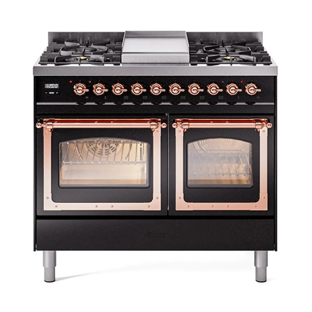 Ilve UND40FNMPBKPLP Ilve Und40Fnmpbkplp Nostalgie Ii Noblesse 40" Dual Fuel Range (Liquid Propane, Triple Glass Door, Glossy Black, Copper)