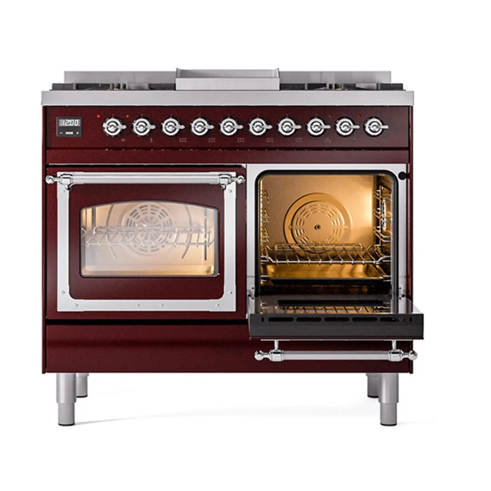 Ilve UND40FNMPBUC Ilve Und40Fnmpbuc Nostalgie Ii Noblesse 40" Dual Fuel Range (Natural Gas, Triple Glass Door, Burgundy, Chrome)