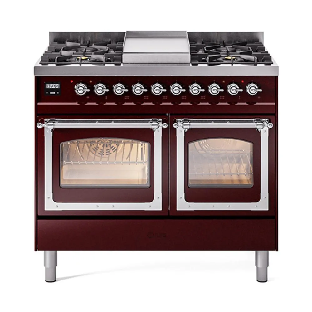 Ilve UND40FNMPBUCLP Ilve Und40Fnmpbuclp Nostalgie Ii Noblesse 40" Dual Fuel Range (Liquid Propane, Triple Glass Door, Burgundy, Chrome)