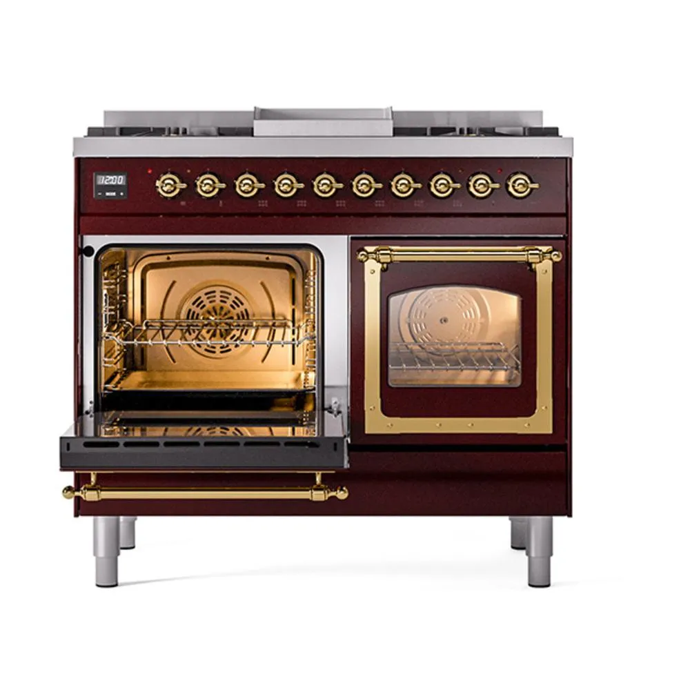 Ilve UND40FNMPBUG Ilve Und40Fnmpbug Nostalgie Ii Noblesse 40" Dual Fuel Range (Natural Gas, Triple Glass Door, Burgundy, Brass)