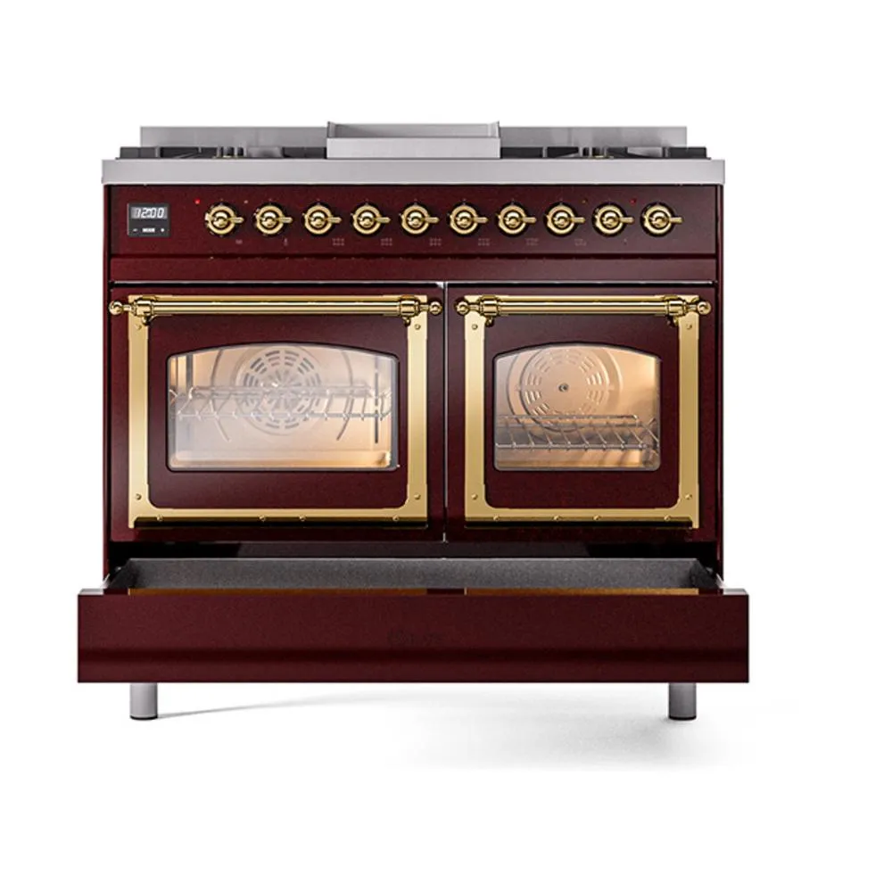 Ilve UND40FNMPBUG Ilve Und40Fnmpbug Nostalgie Ii Noblesse 40" Dual Fuel Range (Natural Gas, Triple Glass Door, Burgundy, Brass)