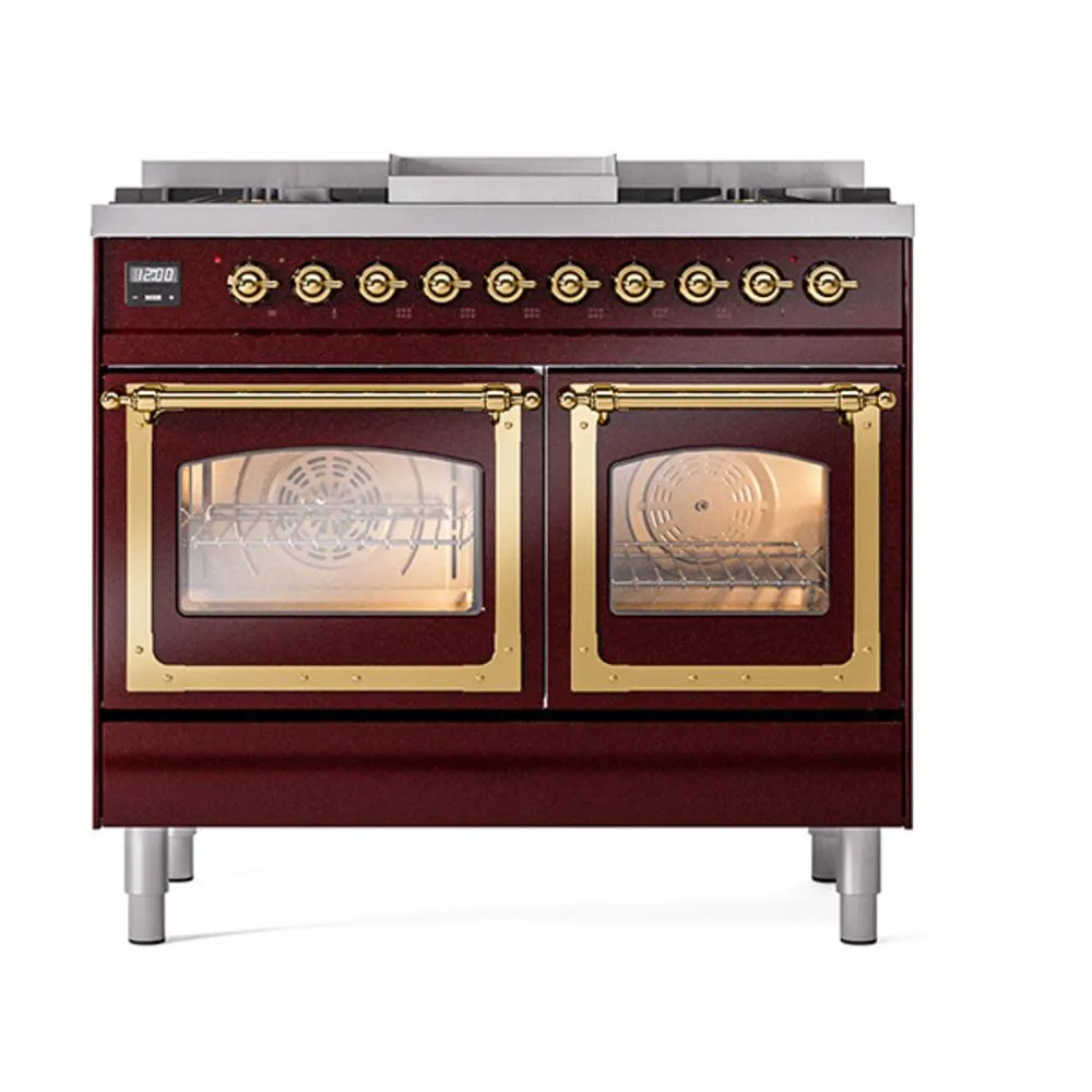 Ilve UND40FNMPBUGLP Ilve Und40Fnmpbuglp Nostalgie Ii Noblesse 40" Dual Fuel Range (Liquid Propane, Triple Glass Door, Burgundy, Brass)