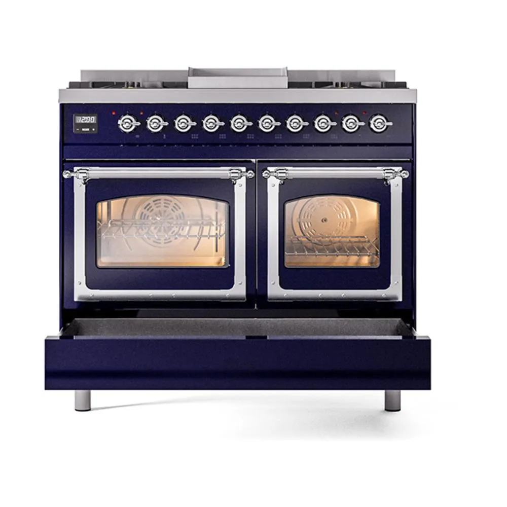 Ilve UND40FNMPMBC Ilve Und40Fnmpmbc Nostalgie Ii Noblesse 40" Dual Fuel Range (Natural Gas, Triple Glass Door, Midnight Blue, Chrome)